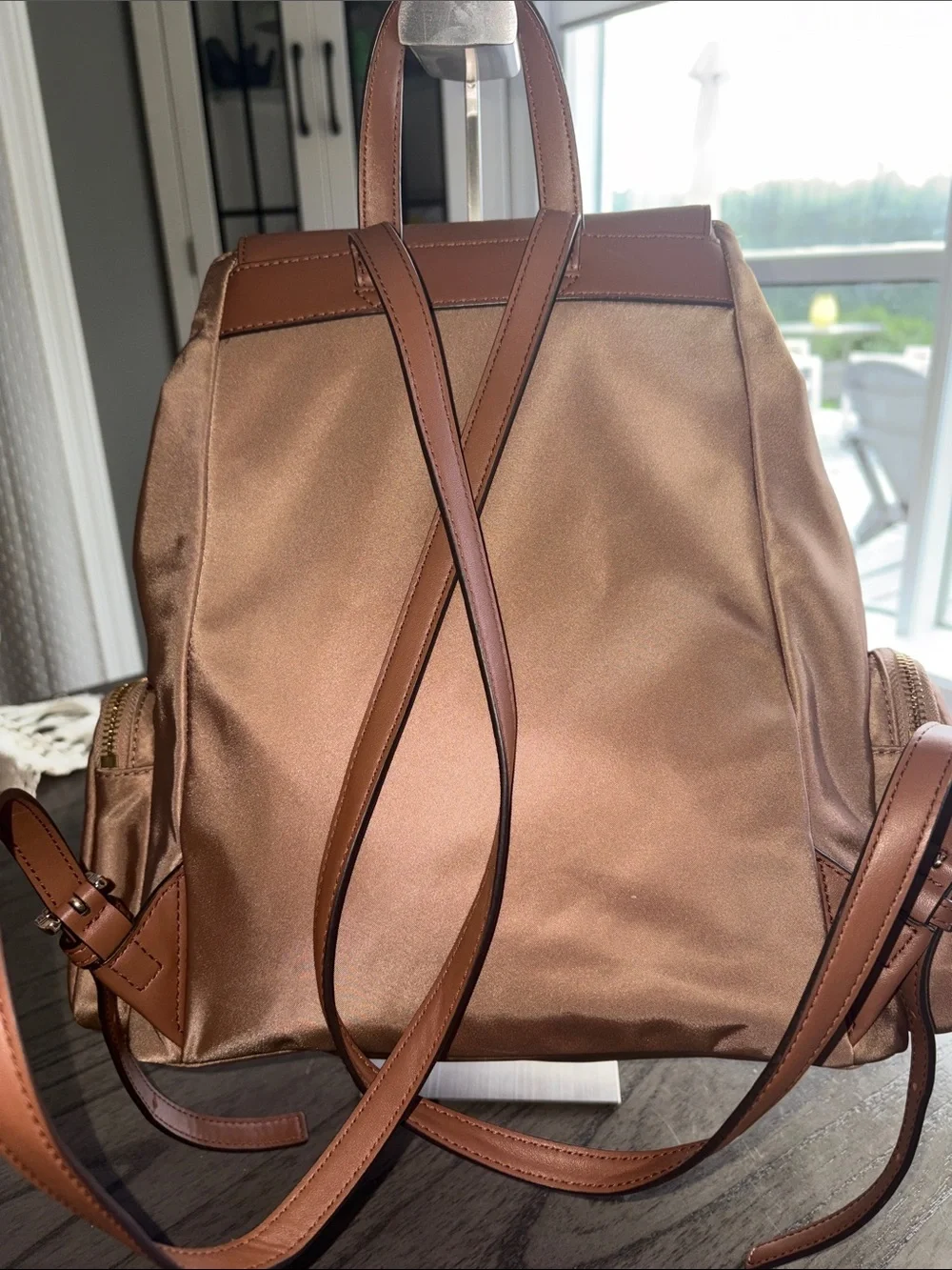 Michael Kors Satin and Leather Backpack in Warm Brown